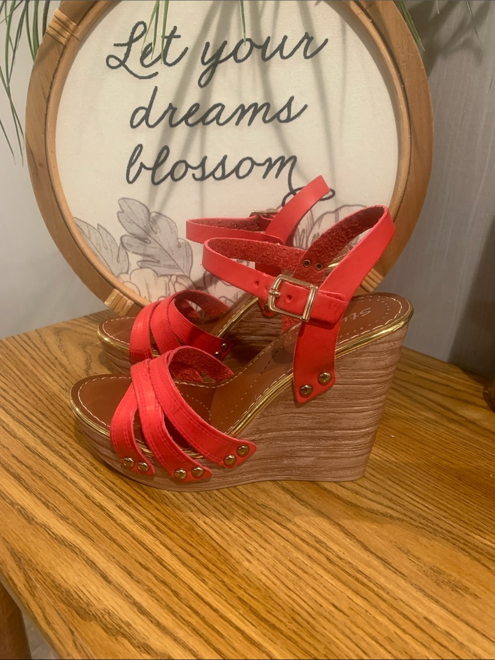 Styluxe Coral Red Strappy Wedge Sandals with Buckle